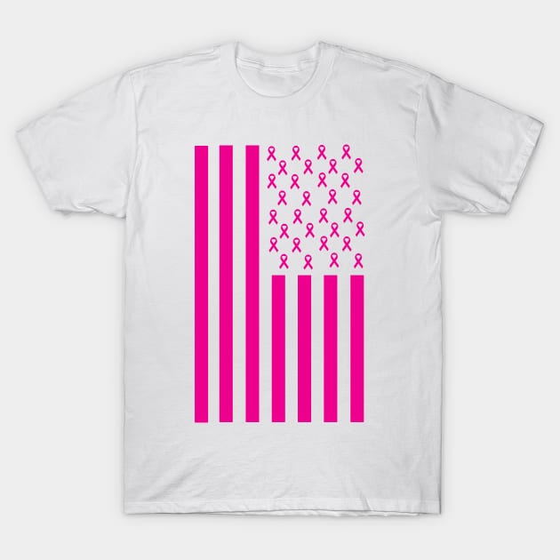 Pink Ribbon American Flag Breast Cancer Awareness T-Shirt by macshoptee